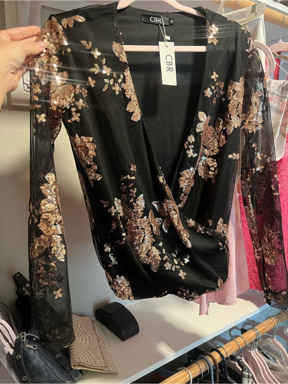 CBR Black Sheer Wrap Top with Rose Gold Sequin Floral Accents